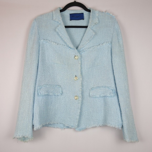 Balmain Paris Evening Blazer Jacket Made In Italy w/ Fringe Trim Accent, Sz 10